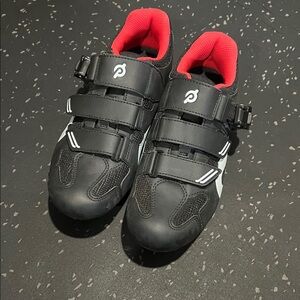 Peloton Black and White Cycling Shoes with Red Cleats